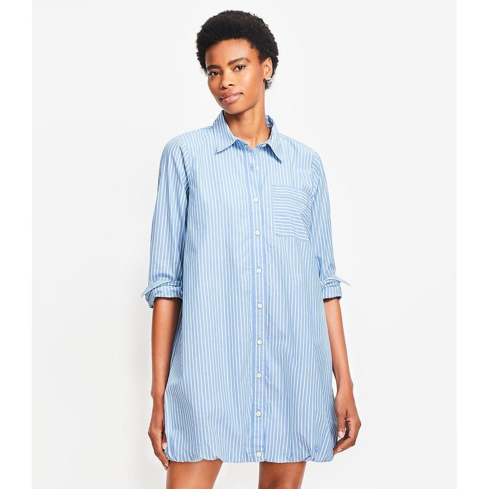 LOFT Striped Poplin Bubble Hem Mini Shirt Dress Chest Pocket Blue Size XXL